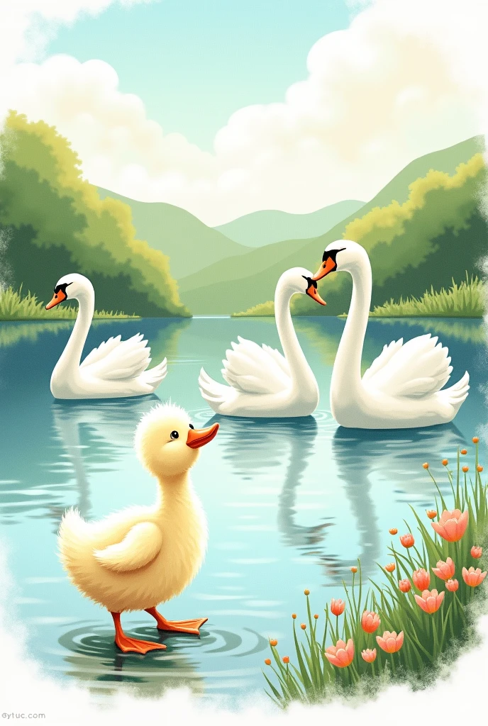 A small white duck meets a group of adult swans on a lake, drawing style