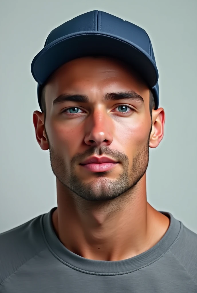 Realistic drawing of an extremely handsome 1 man, fit, of Brown hair,  very blue eyes, clean face, with a grey sweatshirt, and a blue cap
