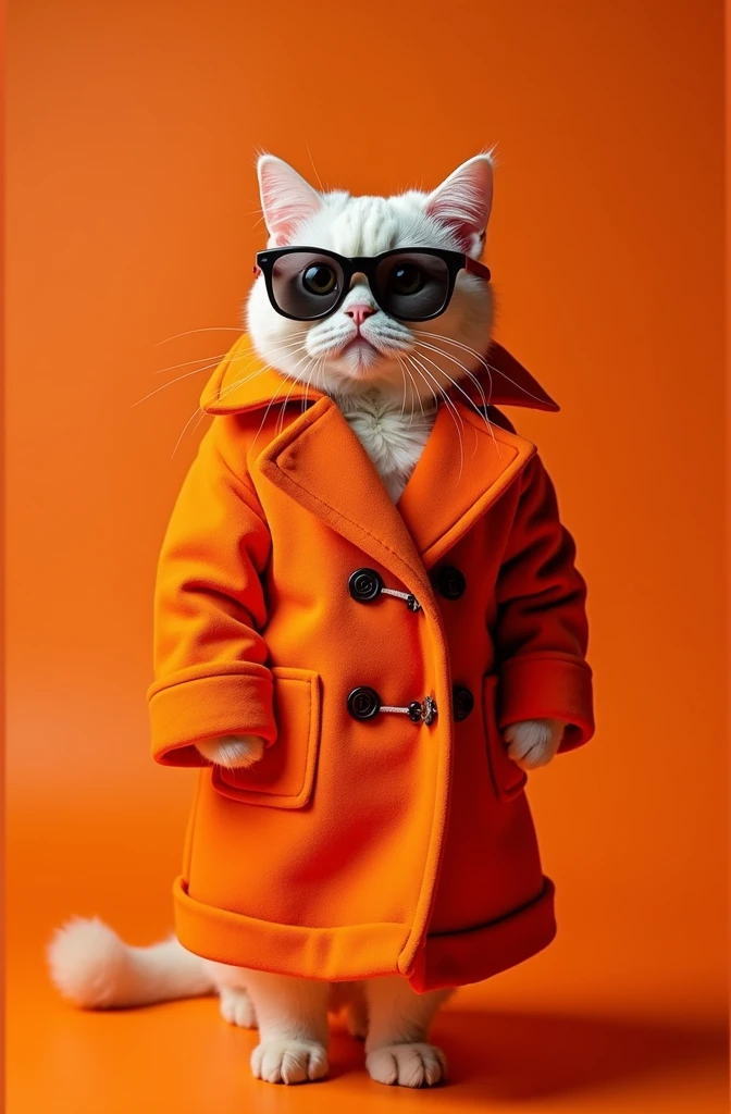 best mobile wallpaper, Award-winning wallpapers, Portrait Photography, On the front、Here's a portrait of a cute cat dressed in mid-1960s space age fashion, Side View Shot, Photographed with Canon EOS R5, Set sharp contrast to make your subject stand out, fluorescent orange, Wearing a very fashionable lounge coat and sunglasses、It's a hip 1960s style., All clothing is monochromatic, Beautiful background