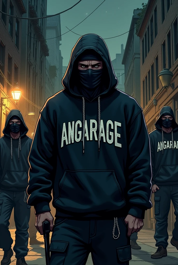 Gangsta with bandana,gang members in background,night in ghetto,angarage text on hoodie,manga