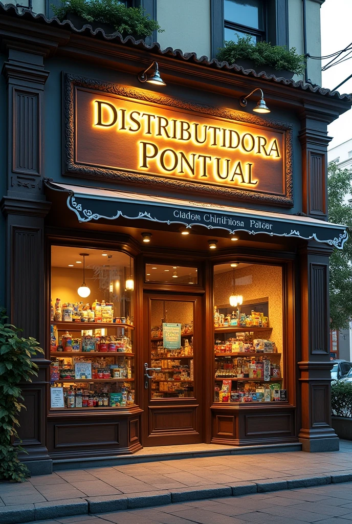front of a store with a panel with the name Distribuidora Pontual in Brazil more creative a realistic image