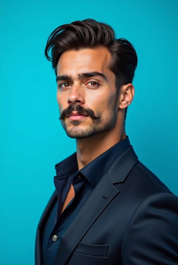 A personalized profile picture with the name El hero on a blue background, a handsome character with straight hair and a very thin mustache.
