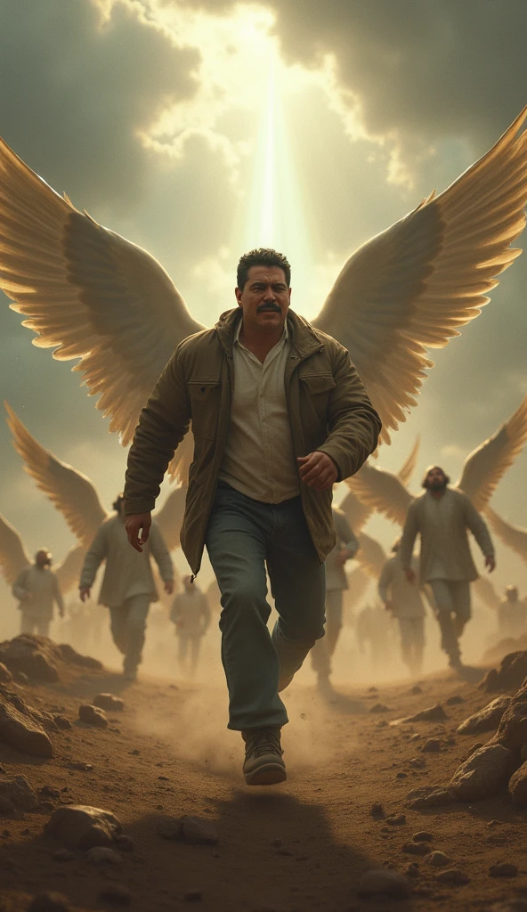 "A main human character in which is Nicolas Maduro Moros, with an expression of despair and fear, runs through a desolate landscape while being attacked by an army of angels. Los Angeles, wrapped in divine light, They fly towards him with shining swords and outstretched wings. The sky is full of dark clouds pierced by rays of heavenly light. The main character seems to be hurt and exhausted, trying to escape while angels surround him, Their faces serene but implacable in their divine mission."


