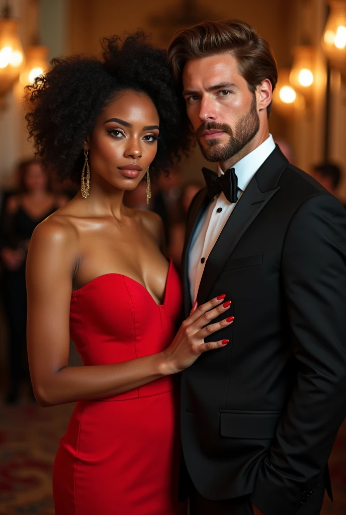Latin woman, high, a little weight in passing, short dark brown afro curly hair, Almond eyes with double eyelids, few eyebrows, hourglass body, mole almost in the middle of the eyebrows, diamond face shape, long and slender hands, long feet size 9, dressed in a red dress, next to a tall man, Caucasian, light brown hair, light brown eyes, with a bushy beard,dressed in a formal black suit.