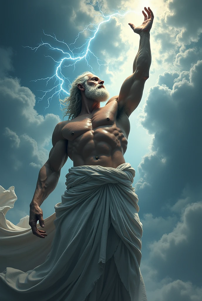 Super strong Zeus, with one hand extended to the sky , thunder around him