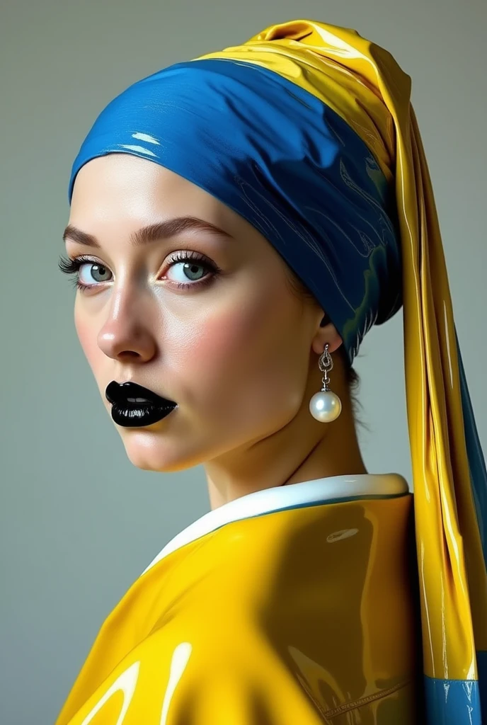 Créais une image comme le tableau de Johannes Vermeer, la jeune fille à la perle. Son vetement doit etre en matiere
 vinyle brillant jaune. Le turban sur la tete doit etre en vinyle brillant bleu, jaune et blanc comme sur le tableau original. Les levres de la jeune fille sont noires brillantes.