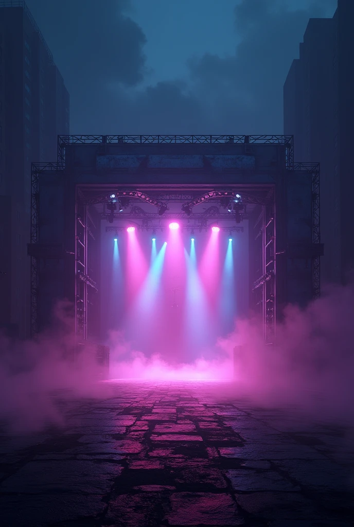 Background of a concert stage, with dark colors and strong lights with a perspective from the ground up 