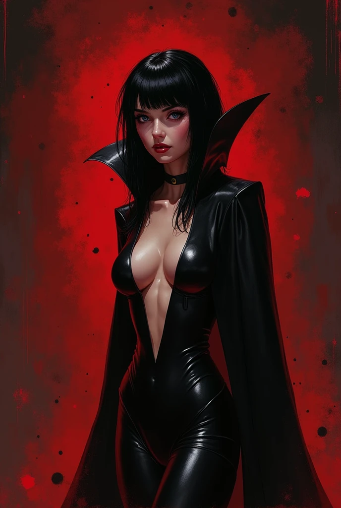a beautiful busty Asian vampire goth woman in a torn ripped leather bodysuit revealing one breast, ultra detailed, dramatic lighting, moody dark atmosphere, cinematic quality, dark fantasy, glowing red eyes and hair