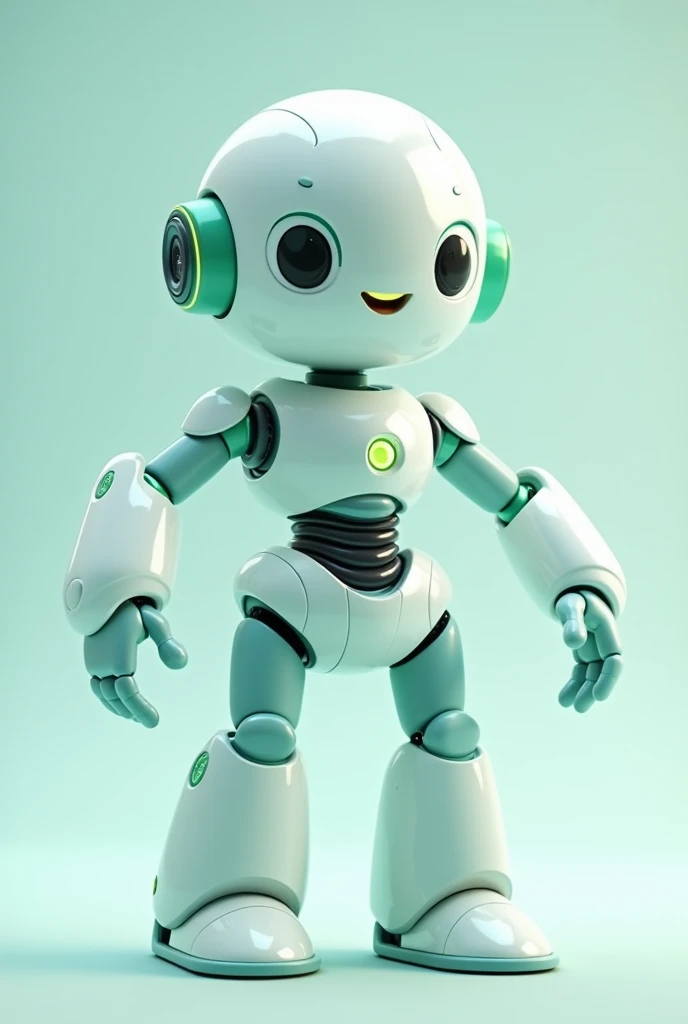 female bot; friendy; light blue and green; animated; no background
