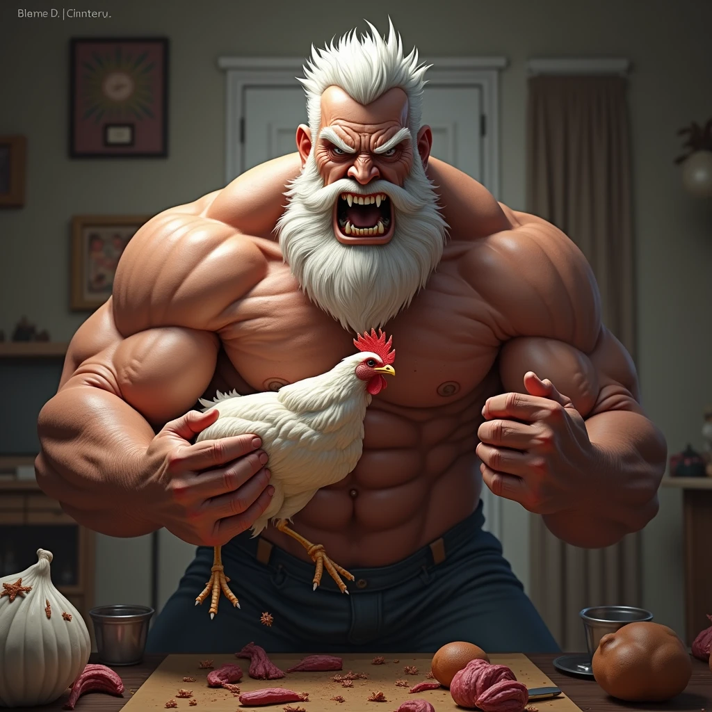 An extremely muscular man, with veins protruding from his powerful muscles, and white hair and beard plucking a chicken, angry, , in the background the living room of a house