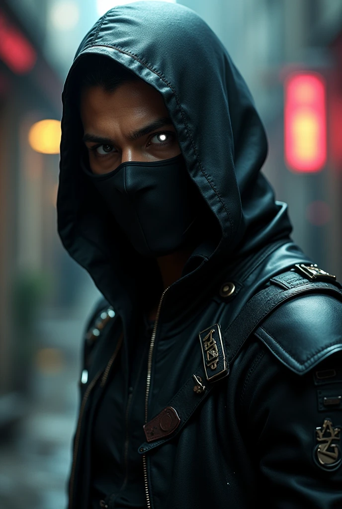 male character, with black mask, white eyes, cyberpuk, character facing forward, with hood,
