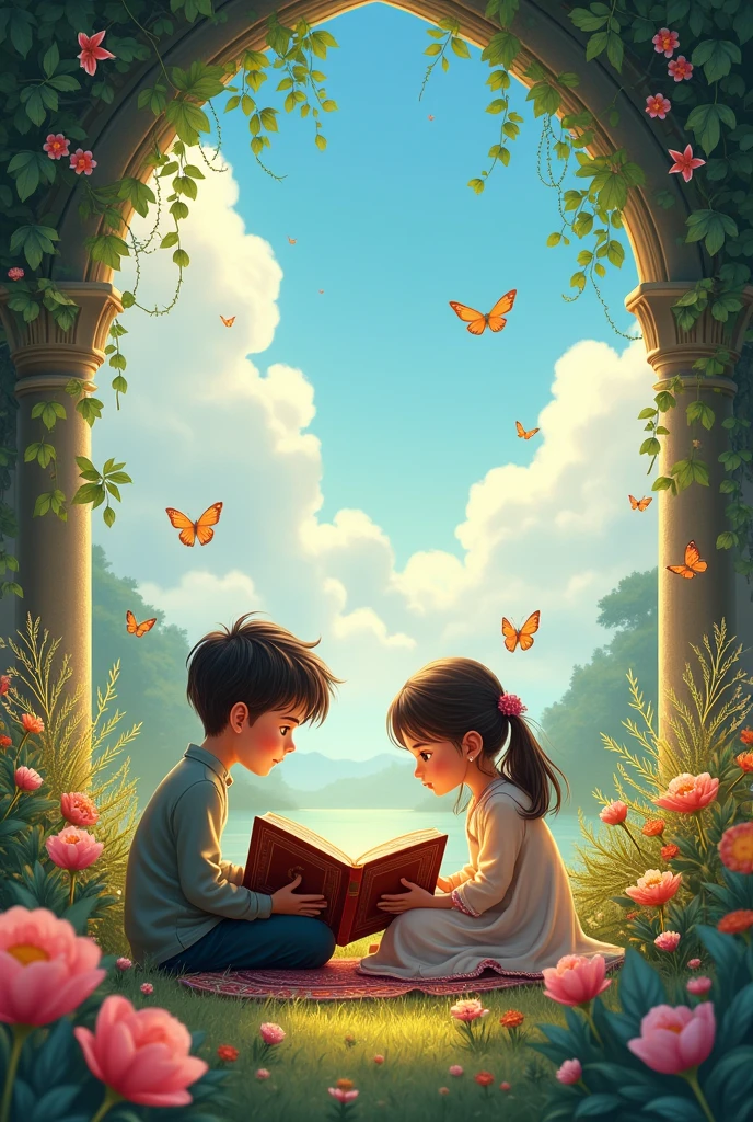 A boy and girl reading the Holy Quran bagrund beautiful gerdent followers bird flying butterflies baground