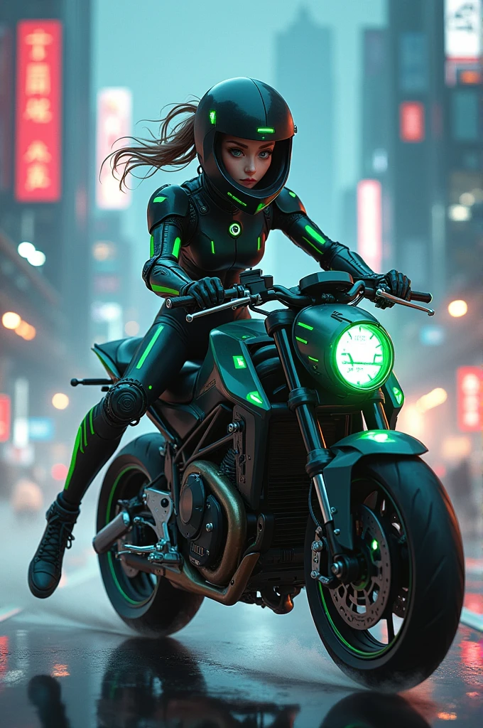 Highest image quality, outstanding details, ultra-high resolution, (realism: 1.4), the best illustration, favor details, highly condensed 1girl, with a delicate and beautiful face, dressed in a black and green mecha, wearing a mecha helmet, holding a directional controller, riding on a motorcycle, the background is a high-tech lighting scene of the future city.