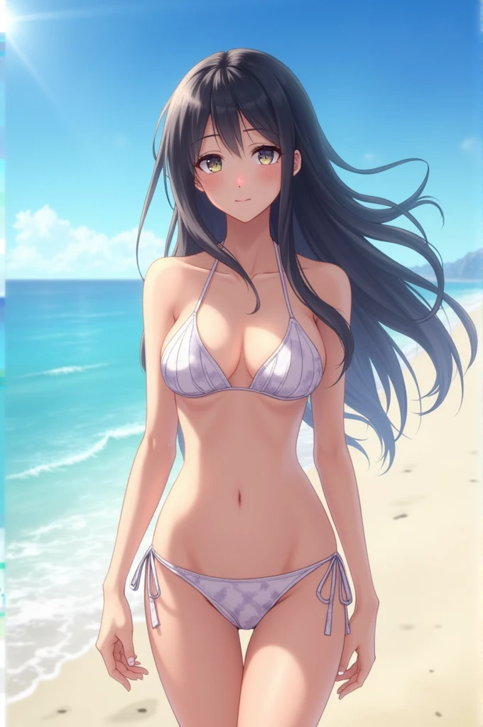 Jun Natsukawa dark long hair at beach waring bikini 