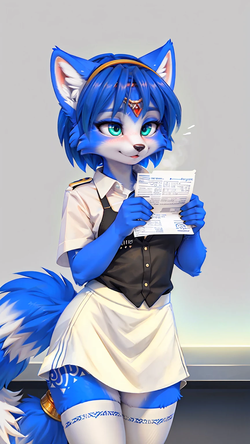 a picture of ((krystal)), Star Fox krystal, lovable, green eyes, medium breasts, (((Long blue hair 1.3))), Decollete, anthro, furry, Uploaded E621, detailed fluffys fell, (von Fluff-Kevlar, Bayard Wu, Pino Daeni), detailed face, (fluffy), 1 girl, alone, sweet girl, wearing white button hoch shirt, short black skirt, Thigh high socks, looking bored, bored eyes, gentle smile, shy smile, simple gray artistic background, in an empty, grey cafe, Stand, holding a paper choch of coffee, mouth open, front view