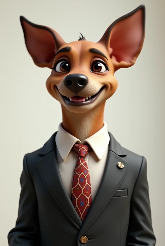 A cute Pincher dog in a suit smiling 