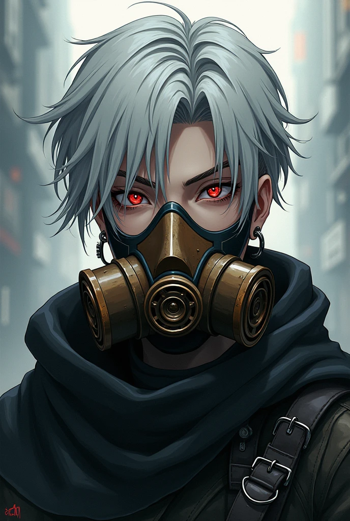 ANIME character man,
brown gas mask,
Caucasian skin,
silver hoop earring,
white hair back,