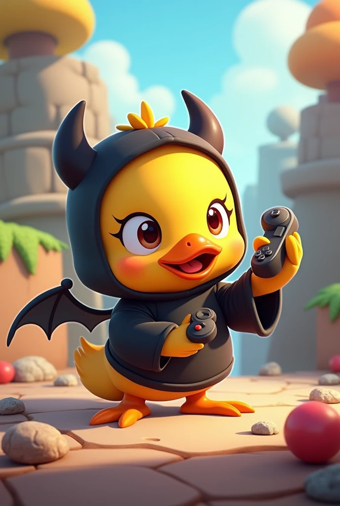 A cute yellow cartoon duck wearing a black demon outfit with a video game controller in his hand along with a Brawl Star character