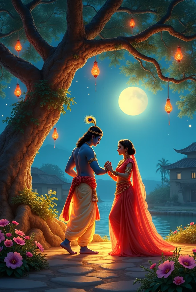 A photo of Lord Krishna and Radha dancing under a banyan tree on a moonlit night. The tree is adorned with colorful, soft glowing lanterns and delicate flowers. Krishna is dressed in traditional attire with peacock feathers in his crown, and Radha is in a vibrant flowing saree. They are surrounded by a soft, golden light that gives a divine and ethereal quality to the scene. The night sky is dotted with twinkling stars and a gentle crescent moon. In the background, you can see a hint of a village with traditional houses and a river reflecting the moonlight.