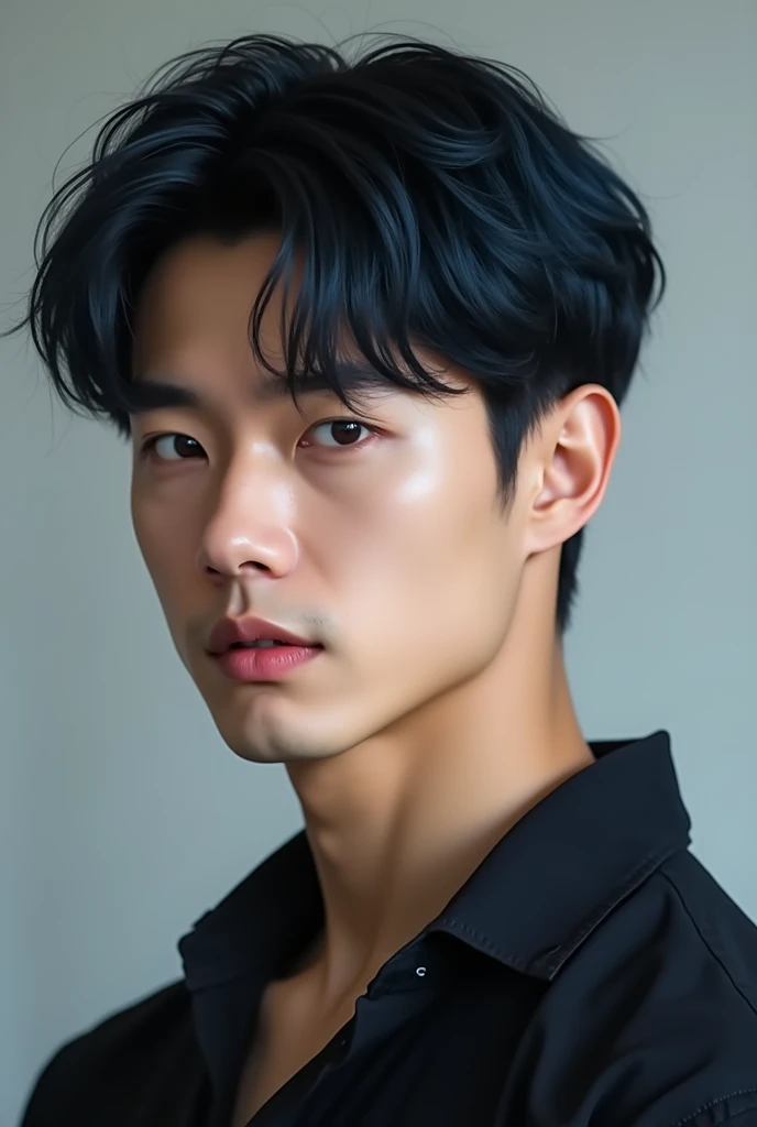 A 2 man with straight blue-black hair and black eyes with Asian features resembling the South Korean actor Jang Ki Yong without a beard 