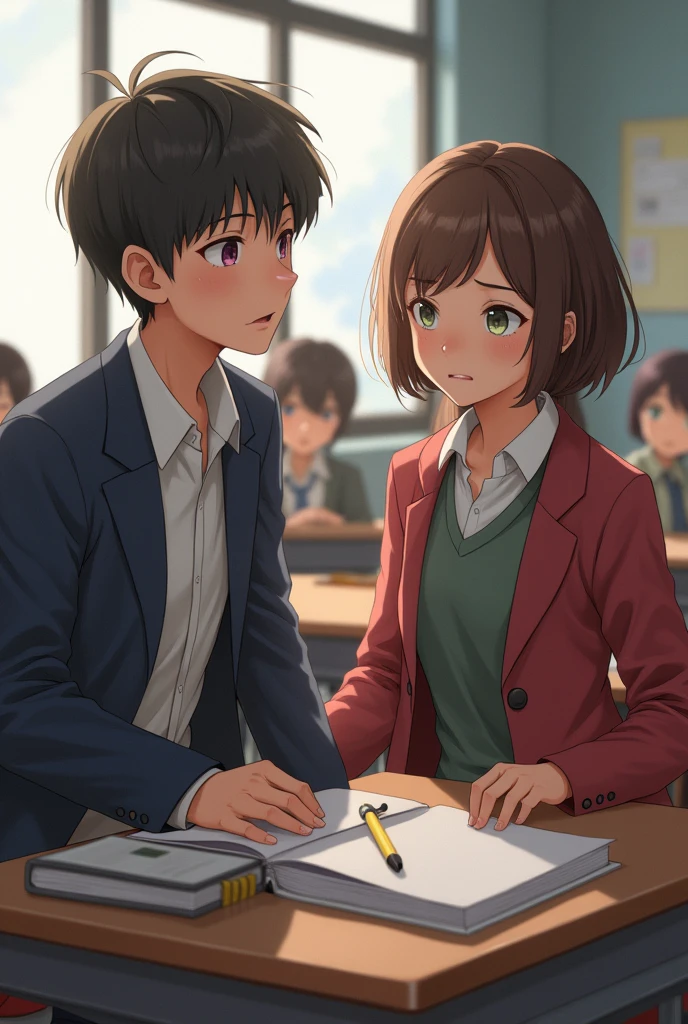 Two students in a classroom, a boy and a girl, and the girl is worried.