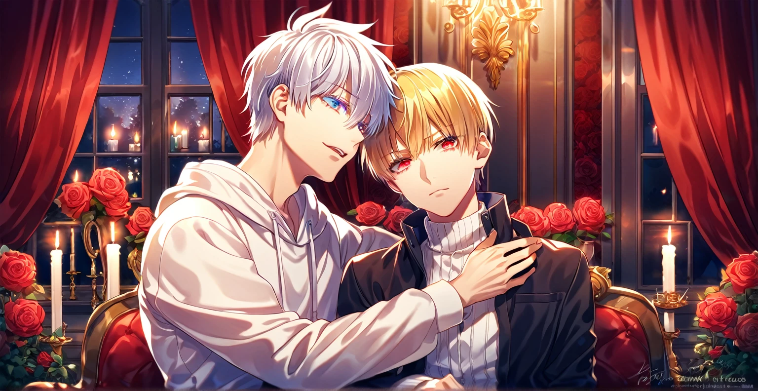 absurdres, highres, ultra detailed, HDR, master piece, best quality, perfect face, detailed eyes, detailed face, Gilgamesh, blonde hair, expressive red eyes, Fate Stay Night, Gojou Satoru, white hair, expressive blue eyes, white eyelashes, a handsome man sitting with a young boy, yaoi, gay couple, black coat, white hoodie, room, window, red curtains, red roses, candles, night, garden