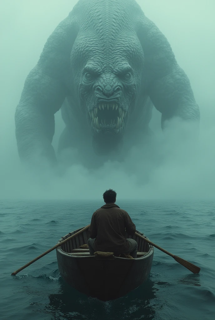 man in a wooden boat in the middle of the ocean, just below an abyssal being similar to a snake, make them as realistic as possible