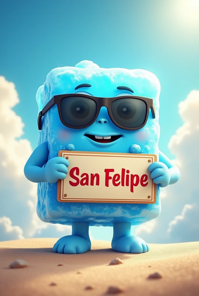 Animated ice cube with hands and feet, wearing sunglasses, that promotes the brand “San Felipe” with a sign holding it , that has a background with clouds and sun (curious)
That helps promote the purchase 