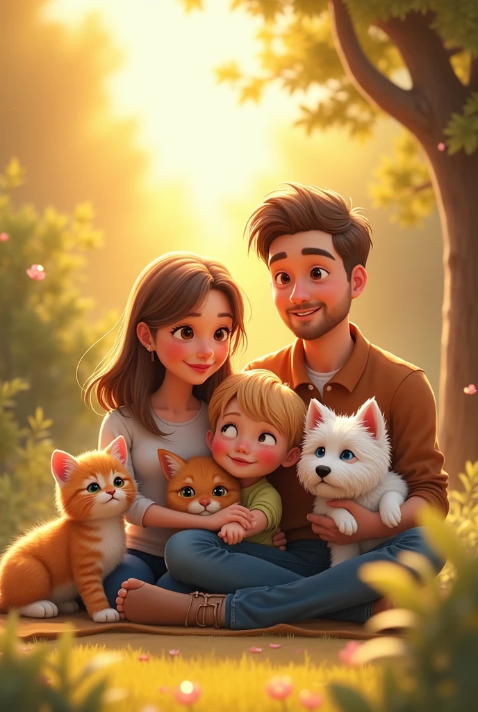 happy family, Mom 40 years old blonde with brown eyes, dad 40 years old short brown hair, Brown eyes, daughter long brown hair, Brown eyes, blond blue eyed son with 1 orange tabby kitten and a white westie dog
