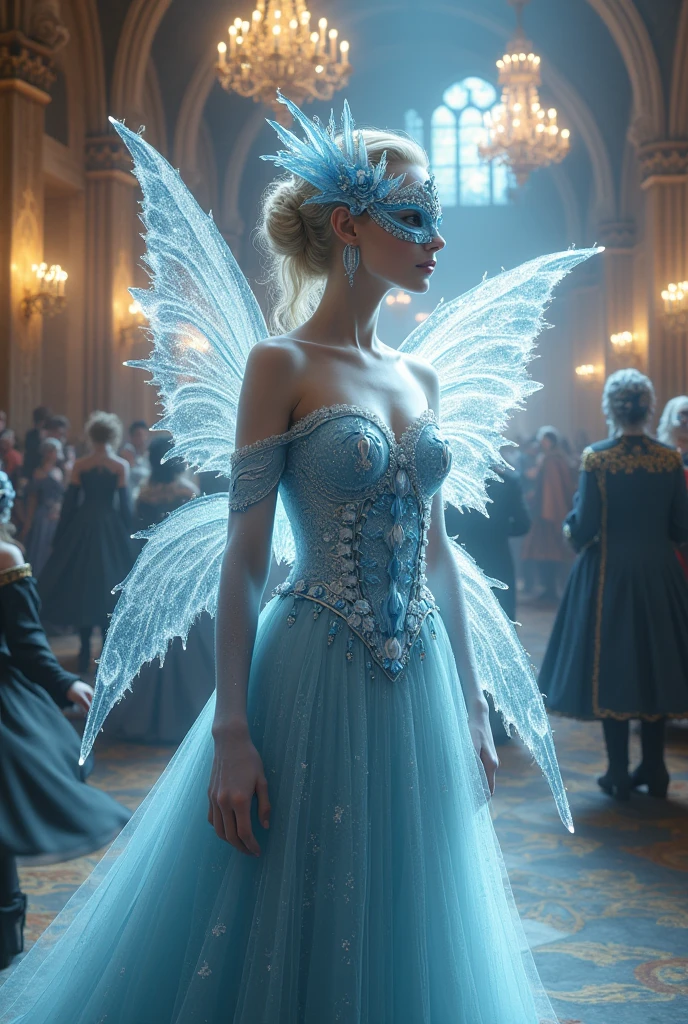 Ice fairy with wings wearing a mask for a masquerade ball at the castle in medieval times 