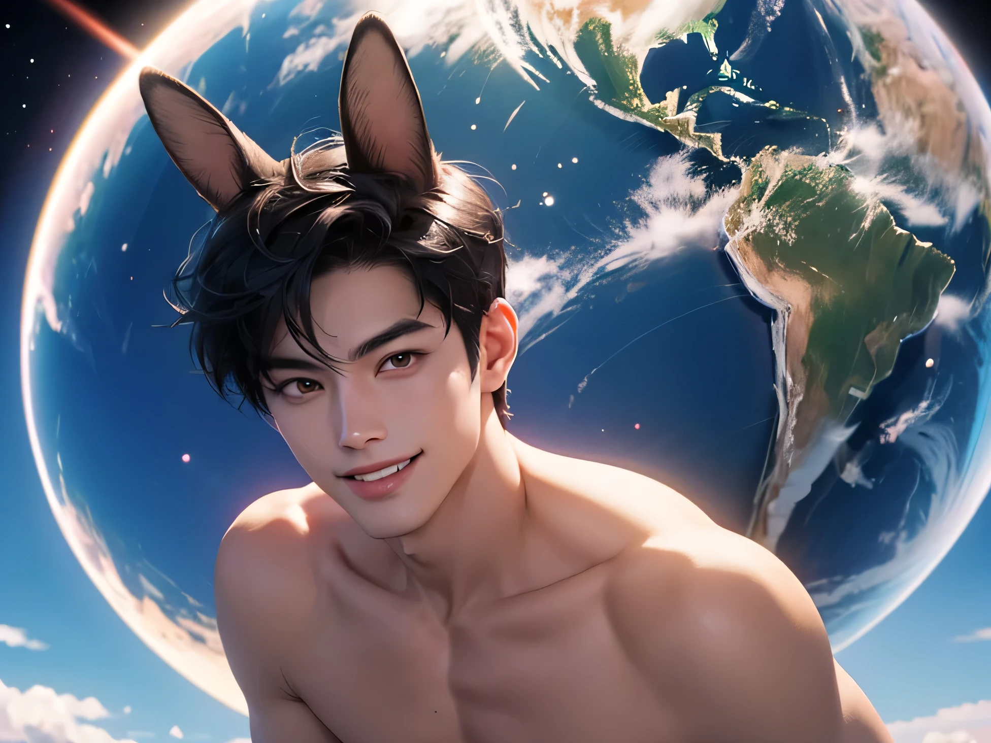 Japanese　　Handsome model　Fierce　　2　male　　smile　　　Black Hair　　Short cut　Short hair　　　looking at the camera　　　　　Completely naked　Bunny ears　　Mega bulge boast　　　looking at the camera　future world　 　　planets on the background　　　whole body　
