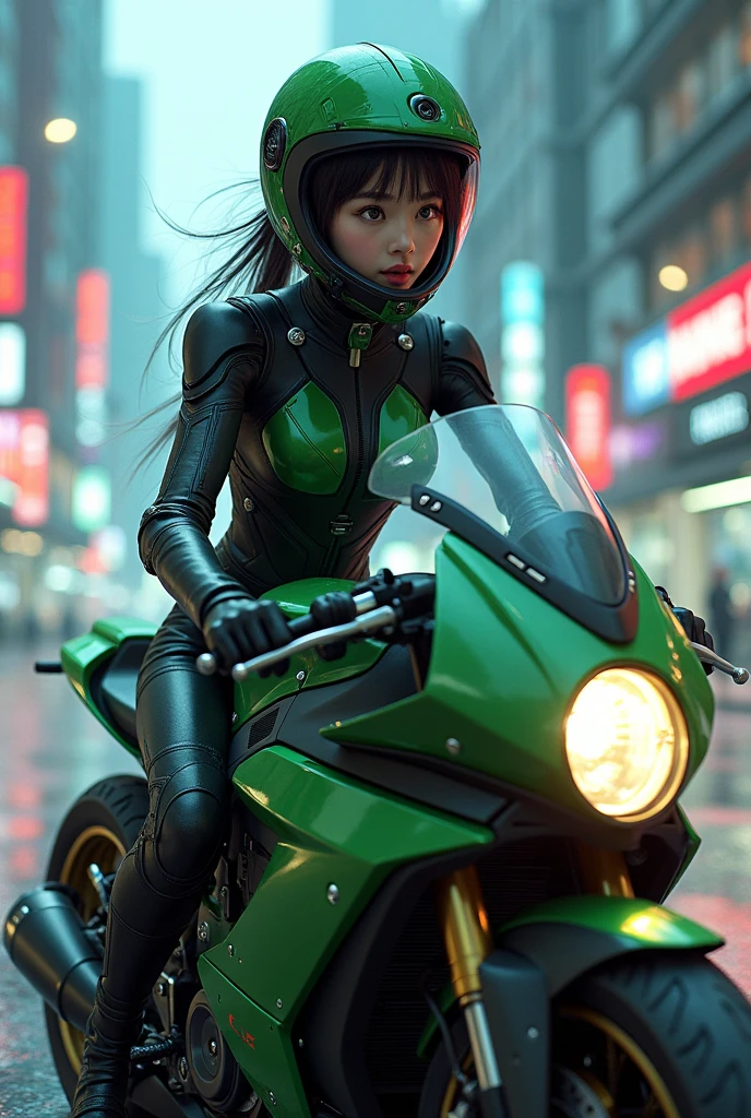 Highest image quality, outstanding details, ultra-high resolution, (realism: 1.4), the best illustration, favor details, highly condensed 1girl, with a delicate and beautiful face, dressed in a black and green mecha, wearing a mecha helmet, holding a directional controller, riding on a motorcycle, the background is a high-tech lighting scene of the future city.