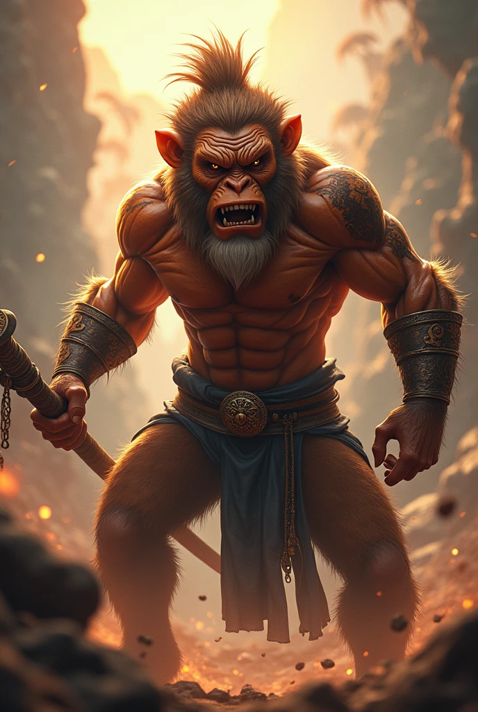 a powerful depiction of sun wukong, the legendary monkey king, (1boy,hyperrealistic,cinematic,epic,dramatic lighting,cinematic composition,chiaroscuro lighting,dramatic pose,intense expression,muscular detailed anatomy,extremely detailed facial features,highly detailed armor,dynamic action,sweeping celestial background,glowing energy effects,dramatic atmospheric elements)