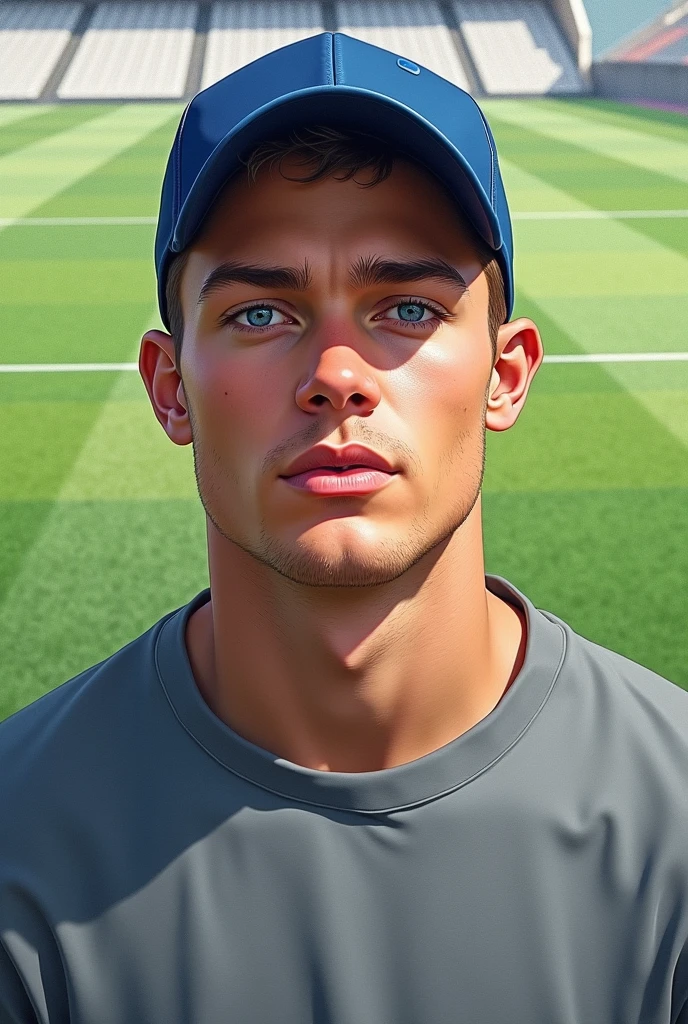 Realistic drawing of an extremely handsome 1 young man, fit, of Brown hair,  very blue eyes, clean face, with a grey sweatshirt, and a blue cap, on a rugby field 