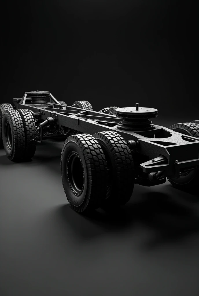 Generates a horizontal image of 1,080 x 1,920 px. Where you can see the suspension parts of a truck, focusing on the shock absorber. Let the image be black and white with a sophisticated approach

