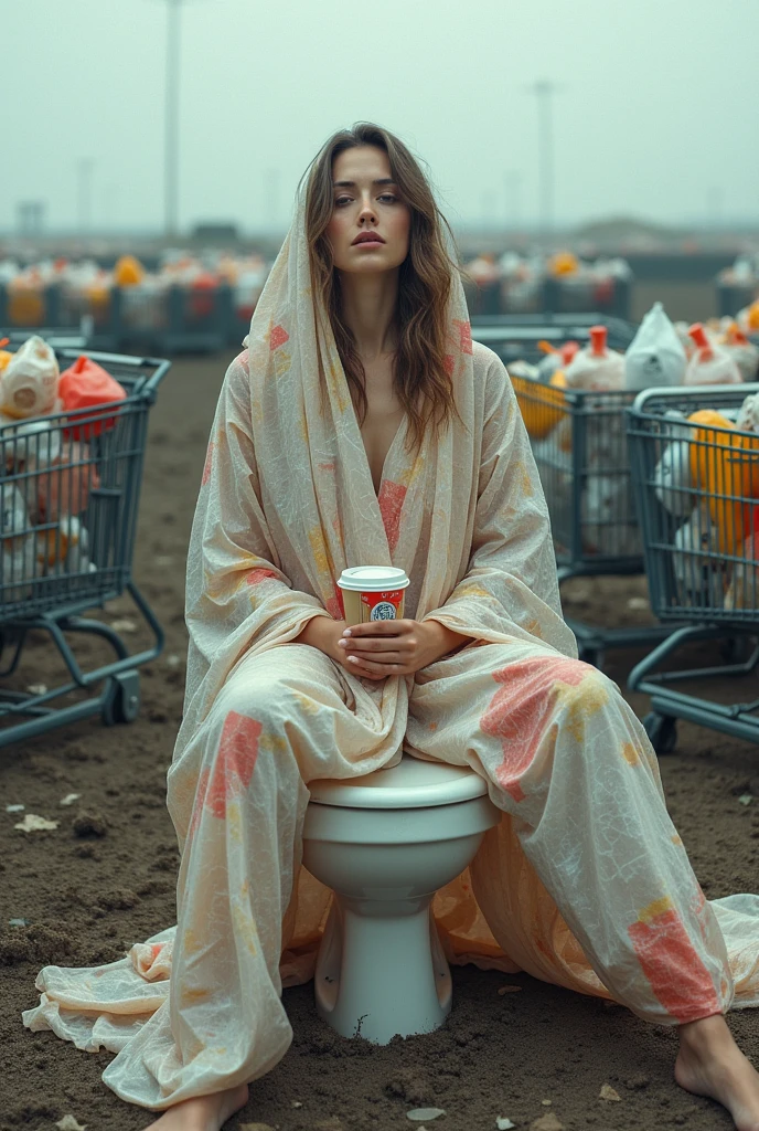 Concept: A woman dressed in a robe made entirely of plastic bags, sitting on a toilet in the middle of a landfill. She’s surrounded by empty shopping carts, each filled with more plastic waste. In her hands, she holds a disposable coffee cup, her face serene as if in meditation.