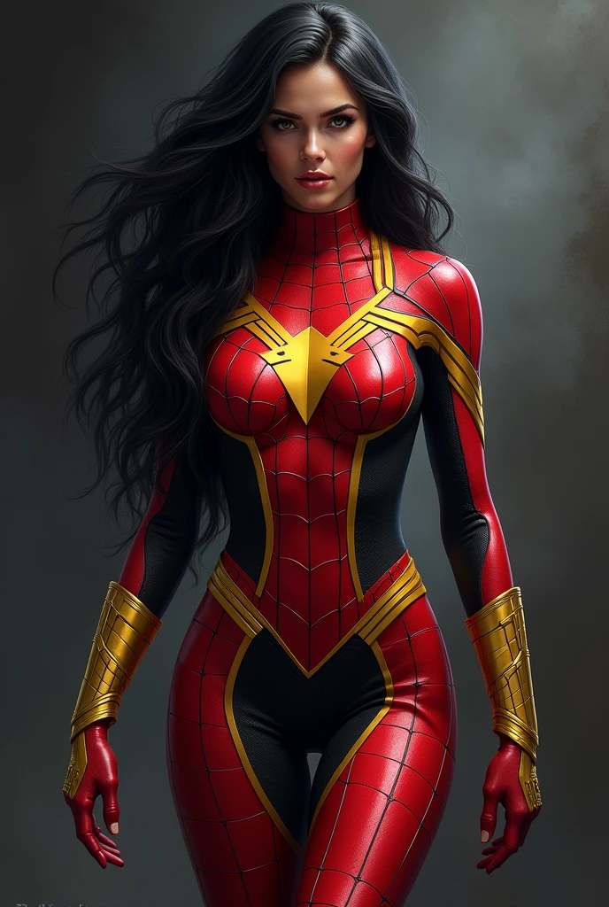 (((Spider-woman))),(((Una hermosa mujer de cabello negro largo bajo el manto de la aracnida Jessica Drew alias Spider-woman))),(((Red spider onesie))),(((yellow triangle at the level of her breasts and abdomen))),(((Yellow boots long up to her knees))),(((Yellow Gloves lakes))),(((With Symbiote skin running all over his skin))),(((Yellow metal bracelets))),(((Simbionte Spiderman))),(((Symbiote Skin)))
