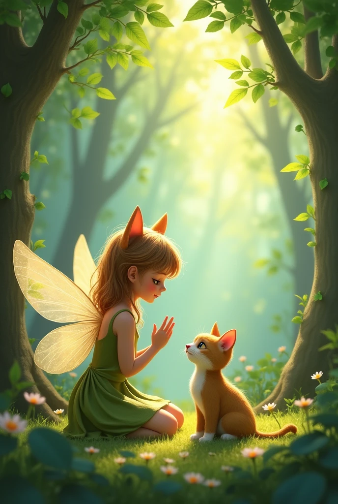 Give the same picture with a fairy with a cat pet talking to each other