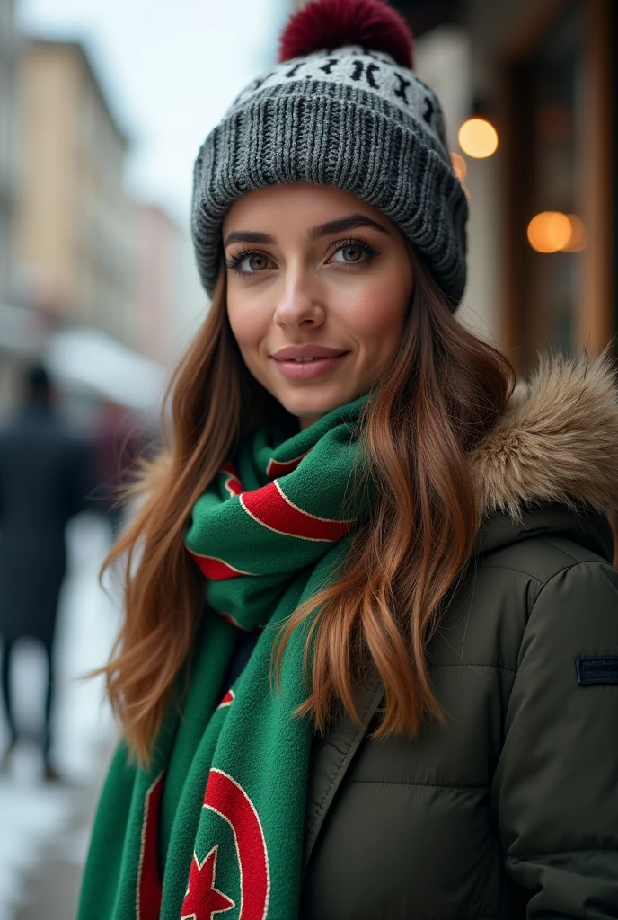 Beautiful woman taking a professional photo in casual wear with Algerian flag scarf and patterned hat, (Cold winter street atmosphere: 1.3)، (Take professional photos)، (high budget picture)، (Highly detailed skin)، (Flawless skin) )، (Crossbar position)، (Professional makeup)، (Natural light)، (High quality photography)، (Complex details)، (8k)، (HDR)، (sharp focus)، (Medium view)