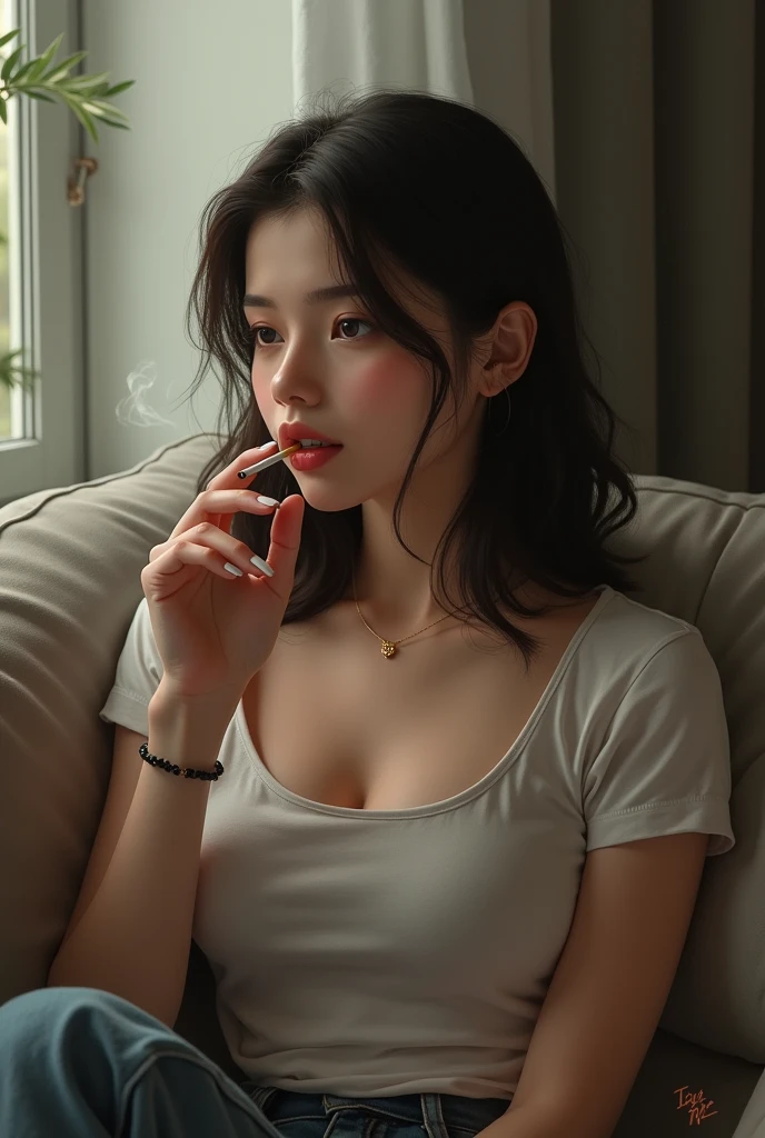 One Women little healthy have hairs shoulder length smoking cigarettes sitting on sofa 