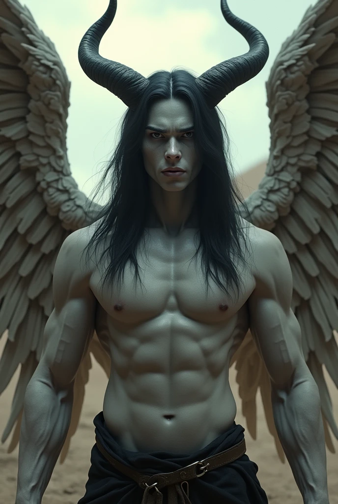 tall human man , semi white skin 
,wide arms flat stomach good body angel wings black eyes prominent lips front view horns on the sides semi long black hair simulation. To the times before Christ