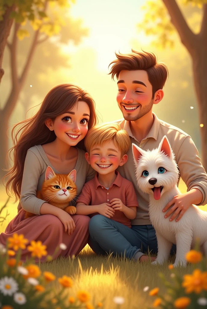 happy family, Mom 40 years old blonde with brown eyes, dad 40 years old short brown hair, Brown eyes, daughter long brown hair, Brown eyes, blond blue eyed son with 1 orange tabby kitten and a white westie dog