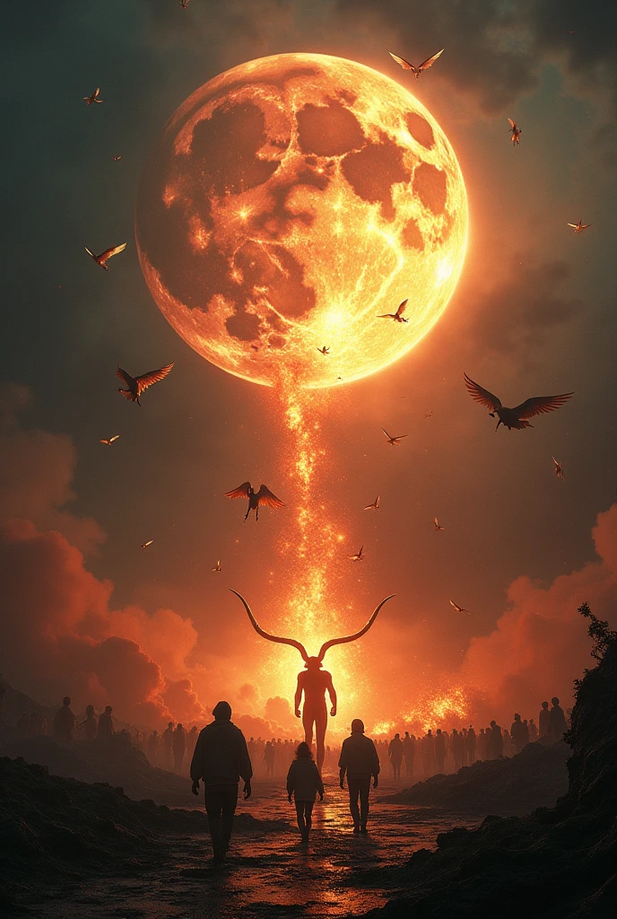 Apocalyptic scene, at night the moon collides with the earth in fire, thousands of angels fall out of the clouds, the devil comes out of the earth and screams, people flee from him.