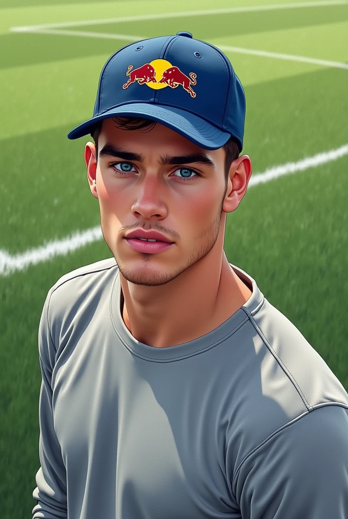 Realistic drawing of an extremely handsome 1 young man, fit, of Brown hair,  very blue eyes, clean face, with a grey sweatshirt, and a blue cap, on a rugby field 