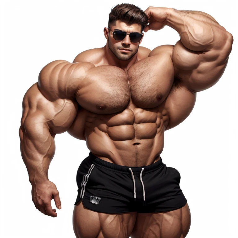 a very handsome young man, sunglasses, shirtless, black shorts, exaggeratedly muscular, exaggeratedly huge muscles, on a white background