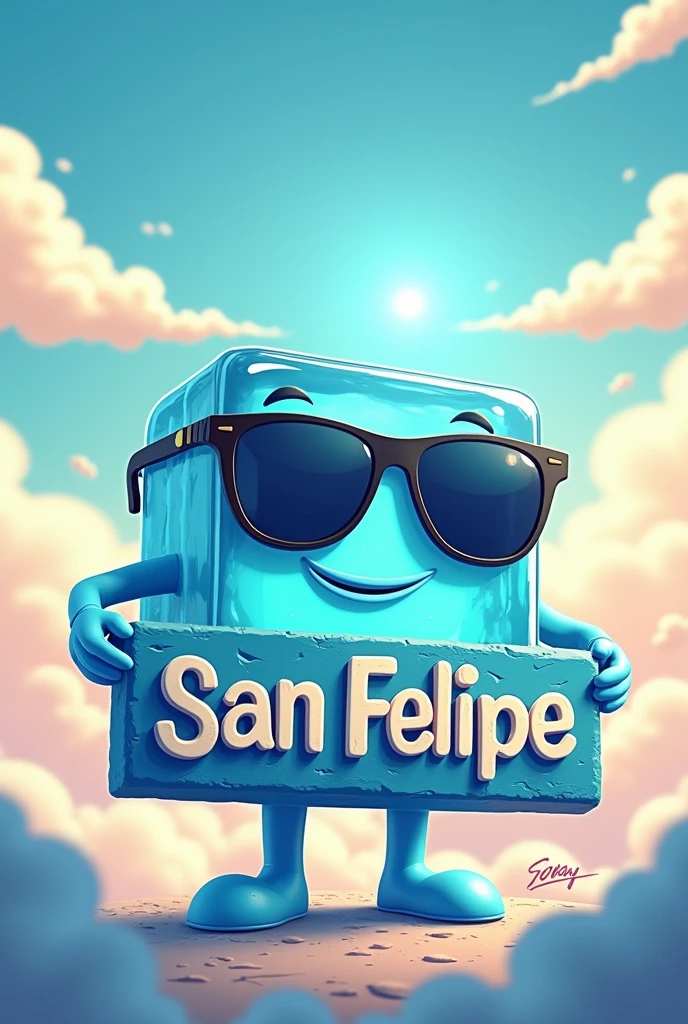 Animated ice cube with hands and feet, wearing sunglasses, that promotes the brand “San Felipe” with a sign holding it , that has a background with clouds and sun (curious)
That helps promote the purchase