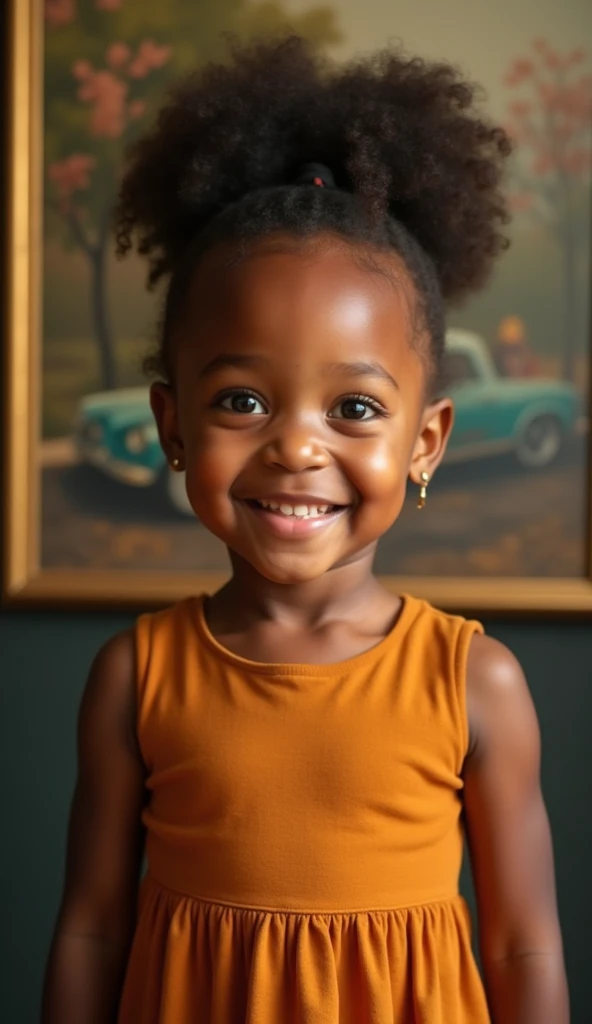 Create UHD photorealistic realistic photo, no animation, no 3d image, no pixar style animation, no extra fingers. 30-month-old French-African toddler girl wearing a stylish amber-colored dress, posing in front of a vintage oil painting. Shot with a Sony A1, 35mm f/1.4 lens, using golden hour lighting. High-end fashion-style family photo by a photographer with 30 years of experience.