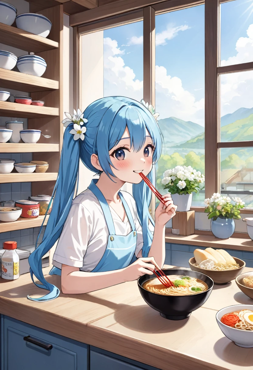Bright, sunny kitchen、White flowers are displayed on the windowsill、Smiling and eating ramen in the kitchen。Light blue long hair、Twin tails 、Her youth and passion、The smell of food fills the store.。