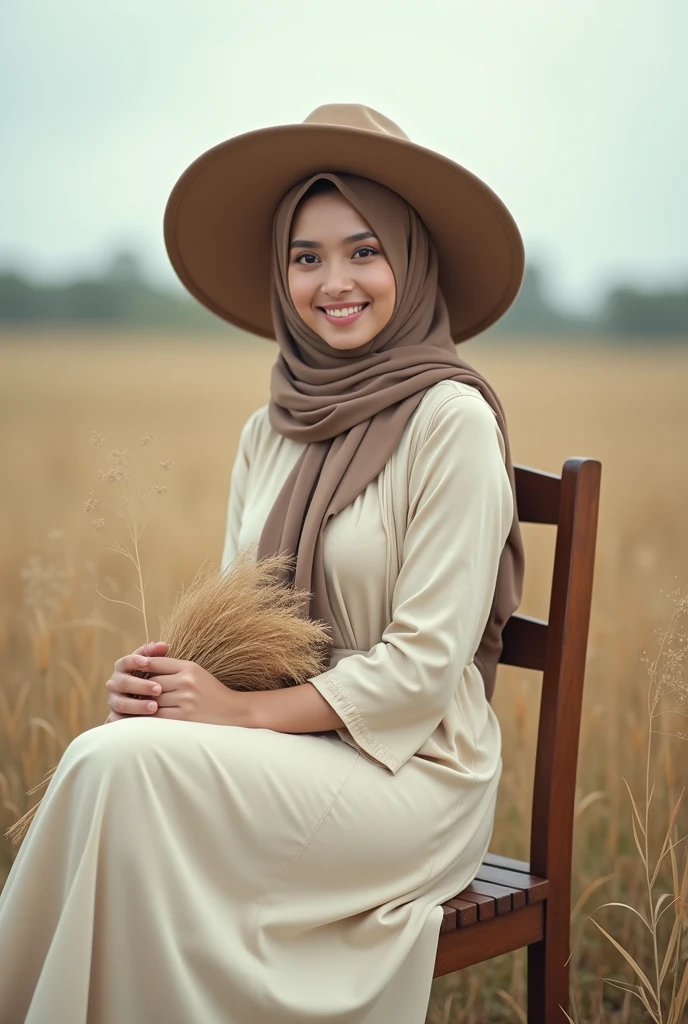 A woman with long hijab flowing sitting on the wooden chair in a field with dry grass, wearing a flowing cream overall jeans and wearing a large hat and holding a bunch of dry plants. The person's face is smiling looking at the camera. The sky is overcast, and the overall color palette of this image tends towards soft earth tones.