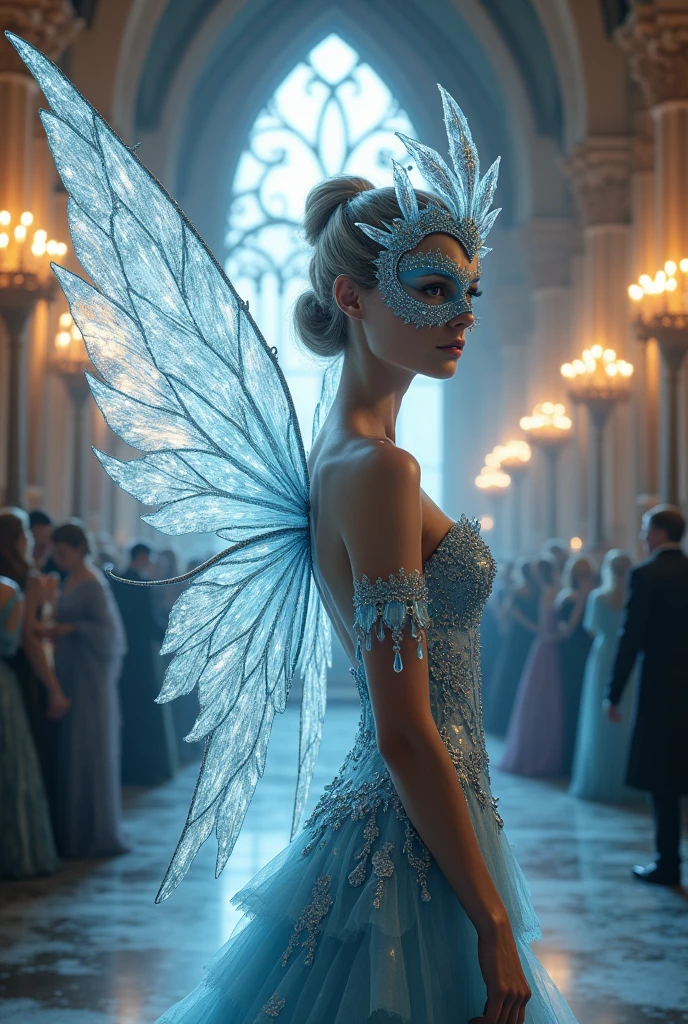 Ice fairy with wings wearing a mask for a masquerade ball at the castle in medieval times